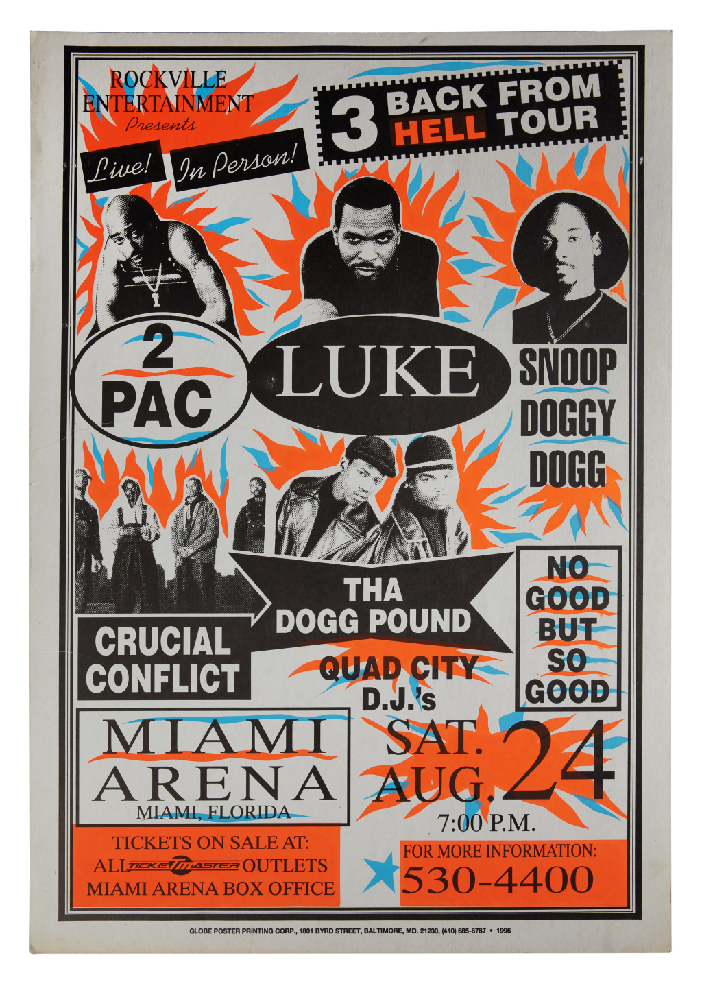 View full screen - View 1 of Lot 99. 3 Back From Hell at the Miami Arena concert poster, 1996.