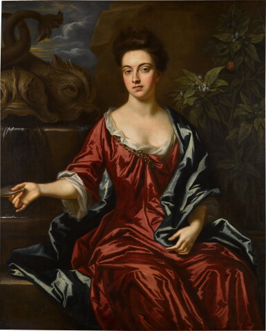 View full screen - View 1 of Lot 137. Portrait of Susannah Henshaw (1661–1767), three-quarter-length, seated by a fountain, wearing a red dress.