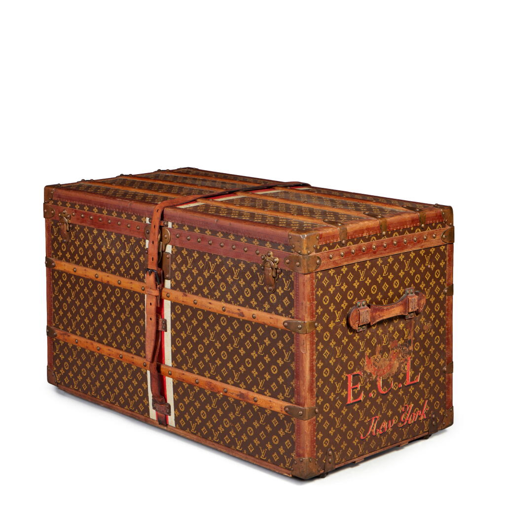 View full screen - View 1 of Lot 14. Vintage Monogram Canvas Malle Courrier Lozine 100 Brass Hardware.