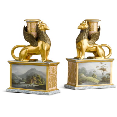 View full screen - View 1 of Lot 62. A pair of Worcester Barr, Flight and Barr griffin candlesticks, circa 1804-13 .