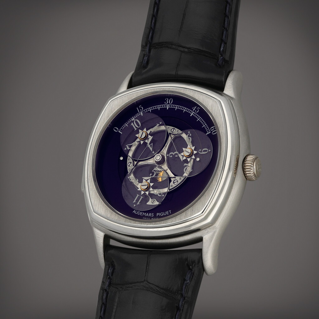View full screen - View 1 of Lot 5. Répétition Minutes John Schaeffer, Reference 25881 | A limited edition platinum minute repeating wristwatch with satellite hour display | Circa 1995.