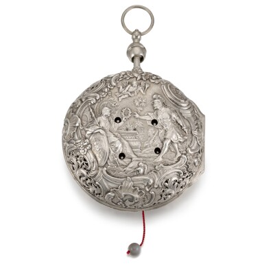 View full screen - View 1 of Lot 272. ATTRIBUTED TO JOSEF SPIEGEL | A LARGE SILVER REPOUSSE QUARTER STRIKING AND REPEATING COACH WATCH WITH DATE AND ALARM, CIRCA 1750 NO. 643.
