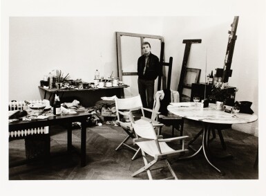 View full screen - View 1 of Lot 12. Bacon in his studio at 14 rue de Birague in Paris, 1979.