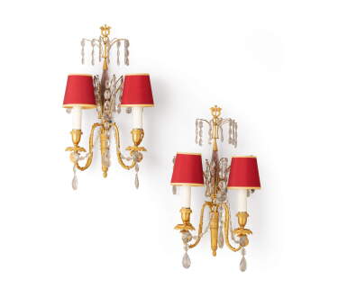View full screen - View 1 of Lot 4. A pair of Swedish cut-crystal and gilt-bronze twin-branch wall-lights, late 18th/early 19th century.
