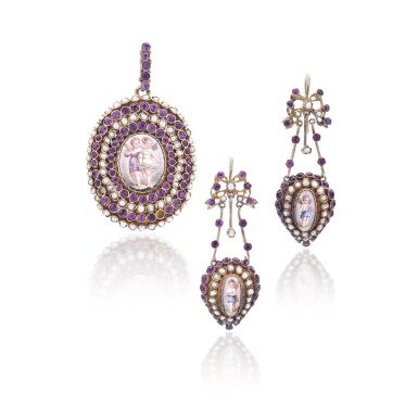 View full screen - View 1 of Lot 1026. Amethyst, seed pearl and enamel demi-parure, circa 1875.