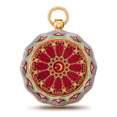 View full screen - View 1 of Lot 1347. An important gold and enamel cabriolet pair cased clock watch with grande and petite sonnerie, independent minute repetition and five hammers striking on five gongs, made for the Ottoman market Sold on 6 may 1808 to his Excellency the Ottoman Ambassador Galib Effendi, no. 1950.