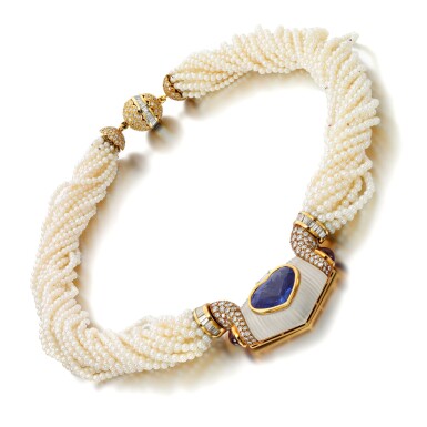 View full screen - View 1 of Lot 222. Sapphire, ruby, seed pearl, rock crystal and diamond necklace.
