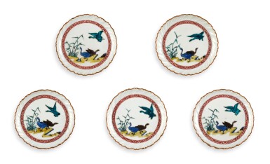 View full screen - View 1 of Lot 2187. A set of five porcelain dishes, Fuku mark, Ko-Kutani type, Hizen, Edo period, circa 1650s | 色絵鴨文輪花皿 五枚 肥前 古九谷様式 江戸時代前期 1650年代.