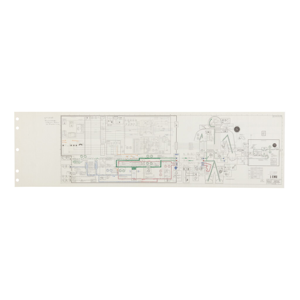View full screen - View 1 of Lot 14. APOLLO SPACE SUIT SCHEMATIC. DETAILED SCHEMATIC OF THE EXTRAVEHICULAR MOBILITY UNIT (COMMONLY KNOWN AS THE SPACESUIT).