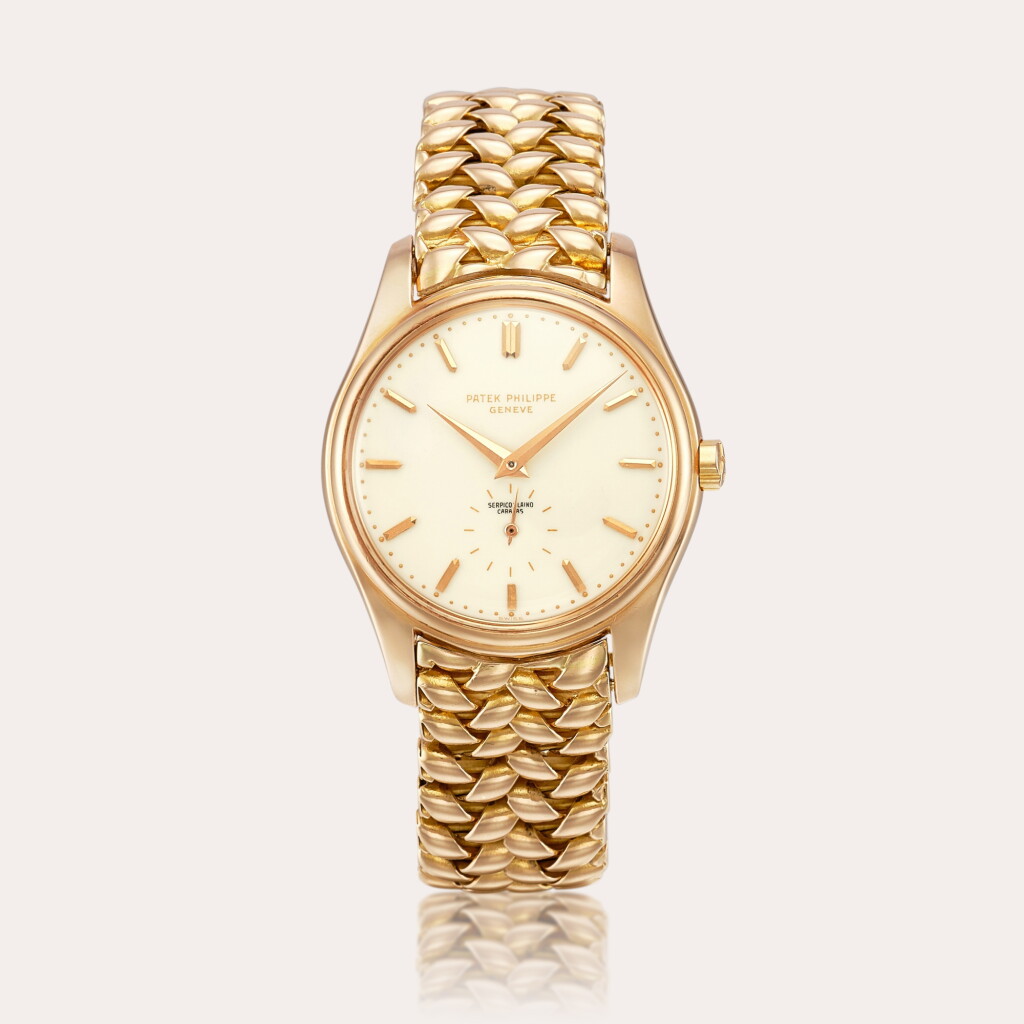 View full screen - View 1 of Lot 2346. Reference 2526 A pink gold wristwatch with enamel dial and bracelet, retailed by Serpico Y Laino, Made in 1956|百達翡麗|型號2526|粉紅金鏈帶腕錶,備琺瑯錶盤,由Serpico Y Laino發行,1956年製.