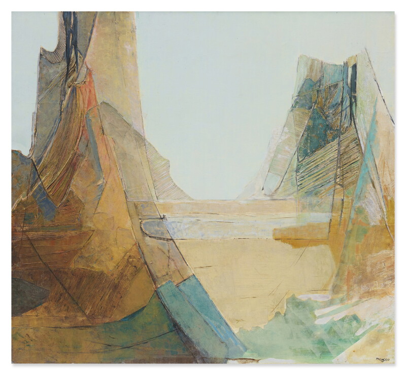 María Luisa Pacheco – Morro (1979) María Luisa Pacheco, Morro, 1979: formas angulares claras y terrosas que se abren hacia un espacio central de tonos pálidos y azules