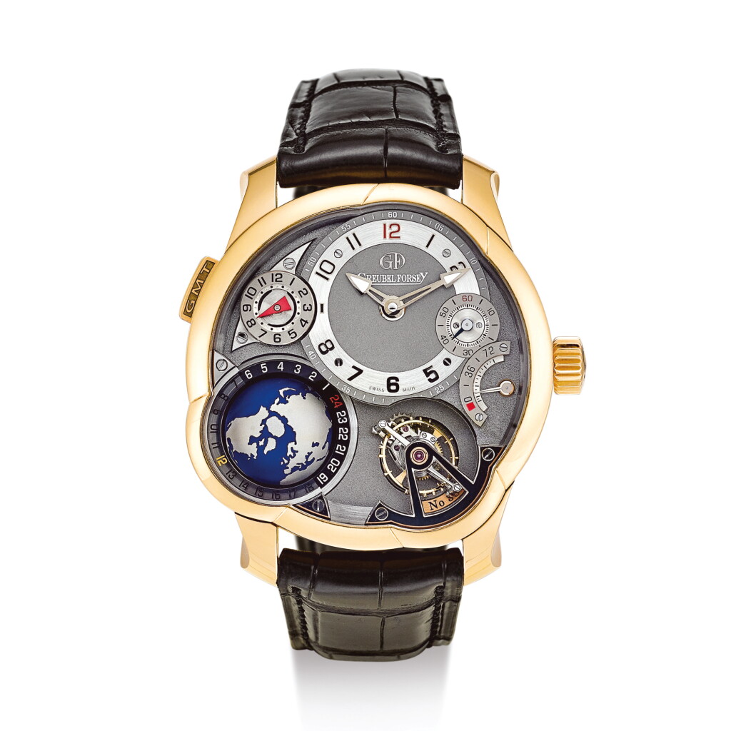 View full screen - View 1 of Lot 2292. GREUBEL FORSEY | GMT A PINK GOLD 25° INCLINED 24 SECONDS TOURBILLON, WORLDTIME AND DUAL TIME ZONE WRISTWATCH WITH POWER RESERVE INDICATION AND THREE-DIMENSIONAL GLOBE, CIRCA 2014 " | GMT 粉紅金25°傾斜24秒陀飛輪、世界時間及兩地時間腕錶,備動力儲備顯示及立體地球儀,機芯編號38,錶殼編號38,約2014年製".