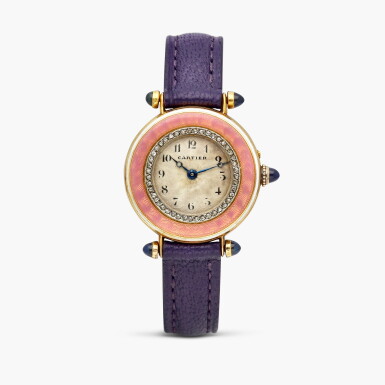 View full screen - View 1 of Lot 2462. Diabolo | A yellow gold, platinum, enamel and diamond-set lady’s wristwatch, Circa 1908.
