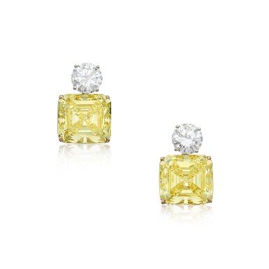 View full screen - View 1 of Lot 588. Impressive pair of Fancy Intense Yellow diamond and diamond pendent earrings, 14.15及14.01克拉 濃彩黃色鑽石 配 鑽石 耳墜一對.