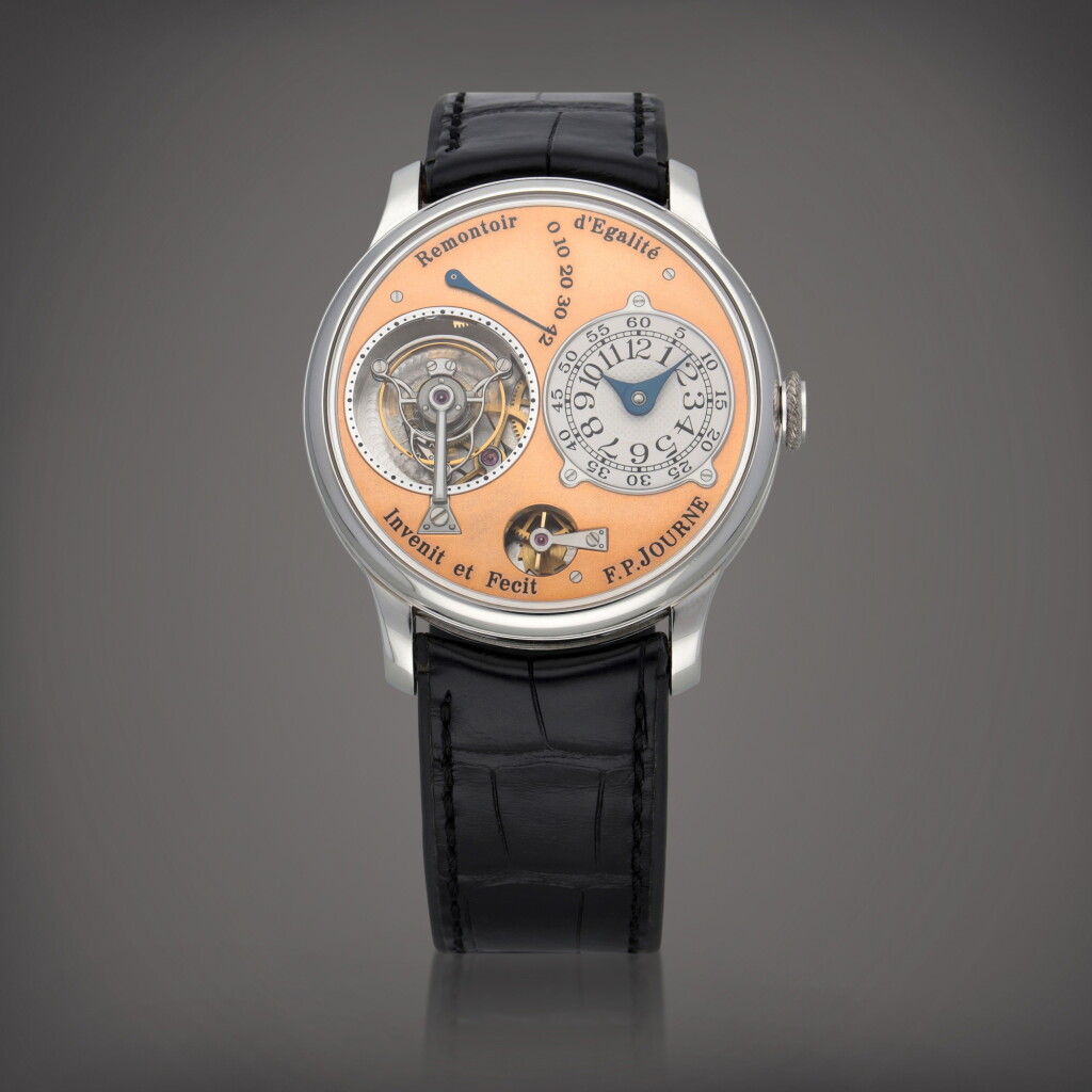 View full screen - View 1 of Lot 66. Tourbillon Souverain à Remontoir d'Égalité A platinum tourbillon wristwatch with constant force remontoir, power reserve indication and brass movement Circa 2003 | F.P. Journe | Tourbillon Souverain à Remontoir d'Égalité 鉑金陀飛輪腕錶備恆動力裝置、動力儲存顯示及黃銅機芯,製作年份約 2003.