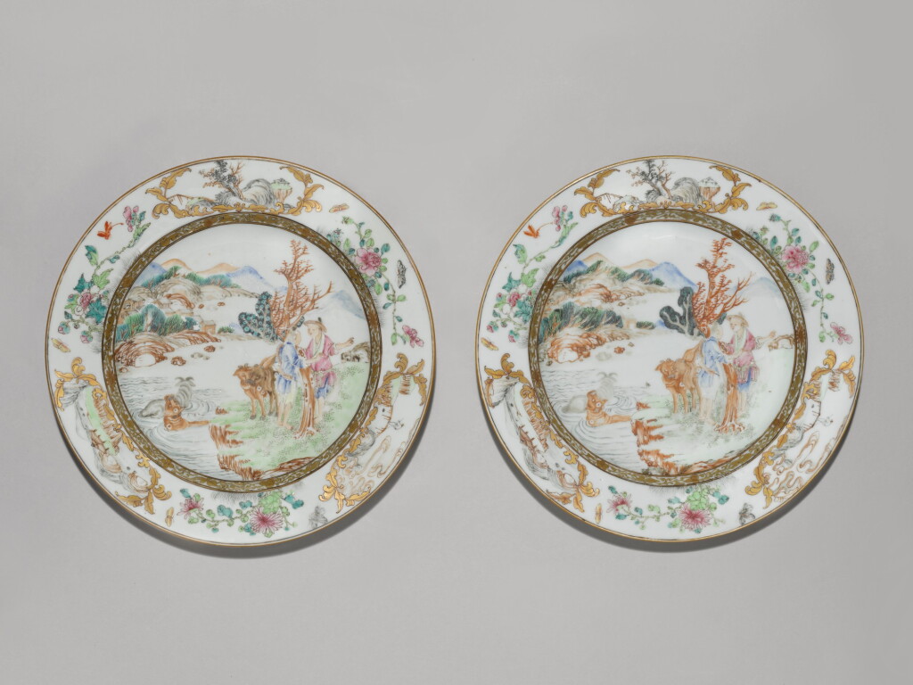 View full screen - View 1 of Lot 24. A pair of famille-rose 'landscape' dishes Qing dynasty, Yongzheng period | 清雍正 粉彩山水紋盤一對.