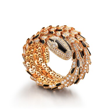 View full screen - View 1 of Lot 278. 'Serpenti' Diamond and Onyx Bracelet | 寶格麗 | 'Serpenti' 鑽石 配 縞瑪瑙 手鏈.