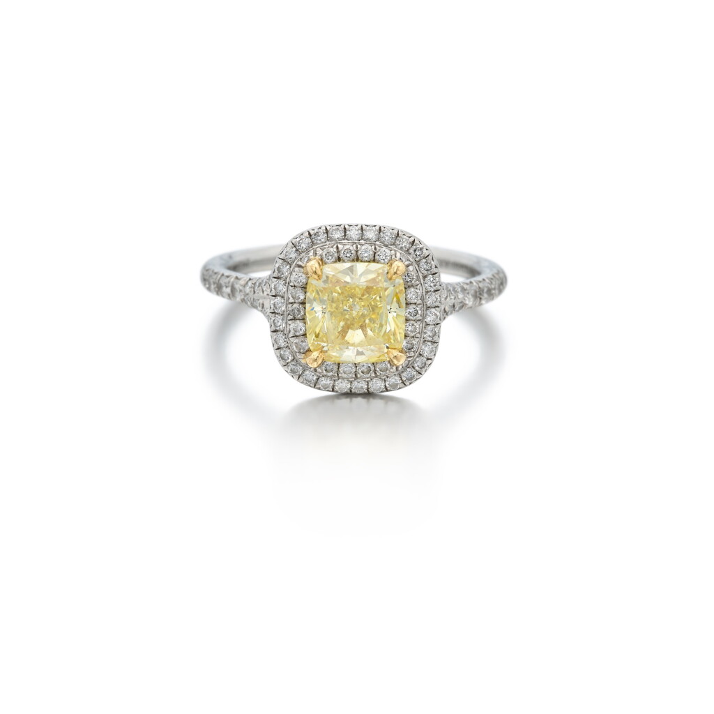 View full screen - View 1 of Lot 16. Fancy Intense Yellow Diamond and Diamond Ring.