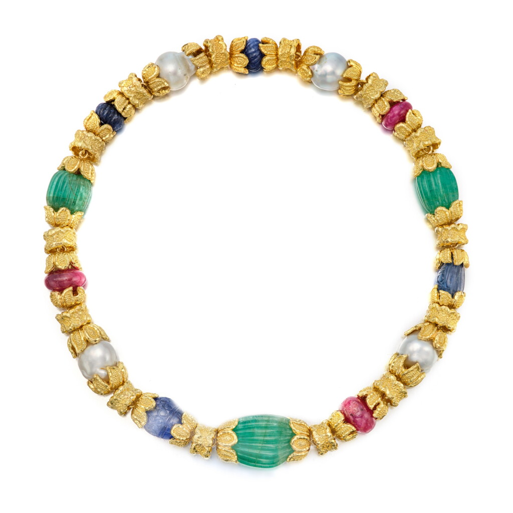View full screen - View 1 of Lot 563. Gold, Cultured Pearl and Gem-Set Necklace.