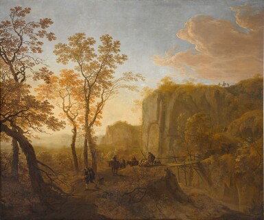View full screen - View 1 of Lot 126. A mountainous wooded river landscape, with travellers on a path and a wooden bridge.