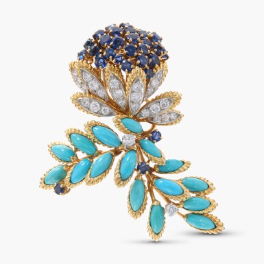View full screen - View 1 of Lot 811. Turquoise, Sapphire and Diamond Brooch.