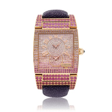View full screen - View 1 of Lot 375. Reference UNO/DF Instrumento | A yellow gold, diamond, pink sapphire and ruby-set dual time rectangular wristwatch, Circa 2015.