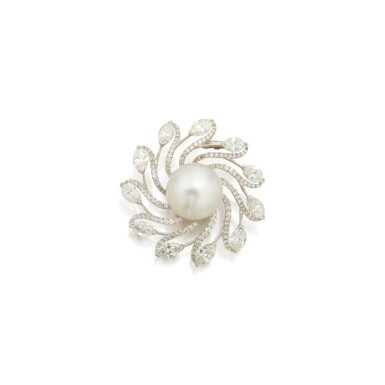 View full screen - View 1 of Lot 50. CULTURED PEARL AND DIAMOND CLIP-BROOCH, CARVIN FRENCH.
