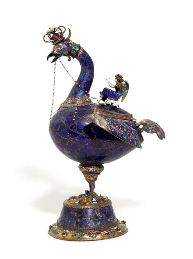 View full screen - View 1 of Lot 150. A jewelled silver-gilt, lapis lazuli and enamel model of an ostrich, Hermann Böhm, Vienna, circa 1880,.