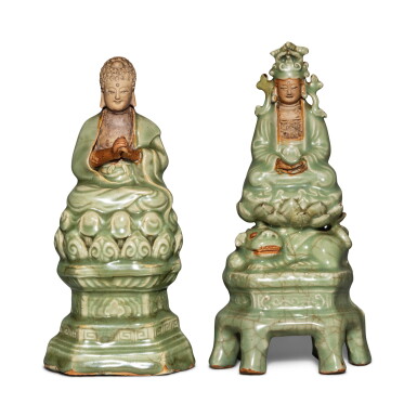 View full screen - View 1 of Lot 1165. Two 'Longquan' celadon-glazed seated figures, Ming dynasty | 明 龍泉窰青釉佛教人物坐像一組兩件.