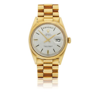 View full screen - View 1 of Lot 168. ROLEX | REF 1803 DAY-DATE, A YELLOW GOLD AUTOMATIC WRISTWATCH WITH DAY, DATE, AND BRACELET CIRCA 1969.
