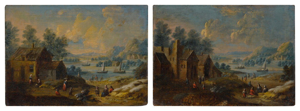 View full screen - View 1 of Lot 58. A pair of village landscapes with rivers, boats, and mountains in the distance.