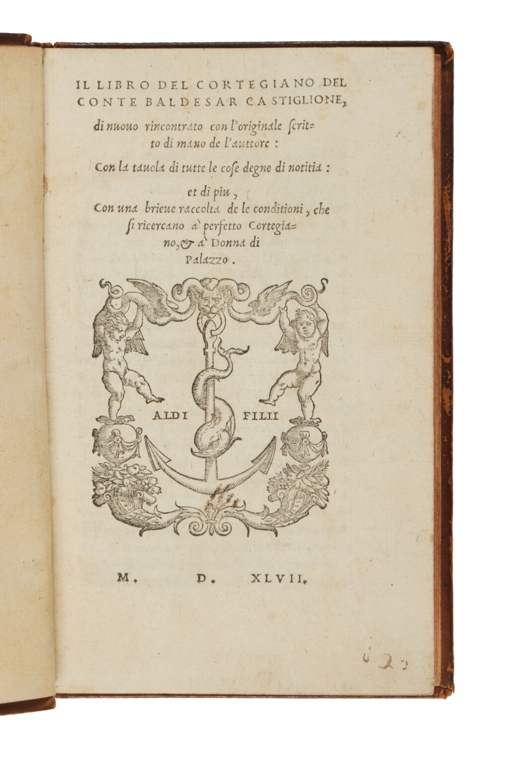 View full screen - View 1 of Lot 259. Castiglione, Il libro del cortegiano, Venice, Aldus, 1547, later calf.