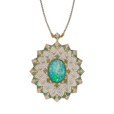View full screen - View 1 of Lot 160. A Two-Color Gold, Opal, Emerald and Diamond Pendant-Brooch Necklace.