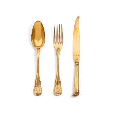 View full screen - View 1 of Lot 148. A 30-piece silver-gilt dessert flatware set and 30 fruit knives, most by Oertel, Strasbourg, 1786 | Ensemble de 30 couverts à entremets et 30 couteaux à fruits en vermeil, la majorité par Oertel, Strasbourg, 1786 .