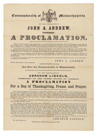 View full screen - View 1 of Lot 103. ABRAHAM LINCOLN | A Massachusetts broadside printing of Abraham Lincoln's Gettysburg Thanksgiving Proclamation.