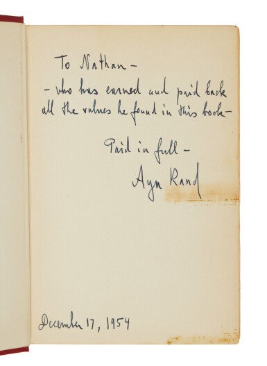View full screen - View 1 of Lot 1087. Rand, Ayn | The Fountainhead, Inscribed to her philosophical soul mate, Nathaniel Branden.