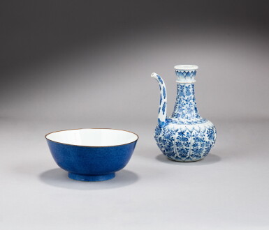 View full screen - View 1 of Lot 16. A powder-blue glazed bowl and a blue and white ‘floral’ kendi, Qing dynasty, Kangxi period | 清康熙 灑藍地瓶大盌及青花花卉紋軍持一組兩件.