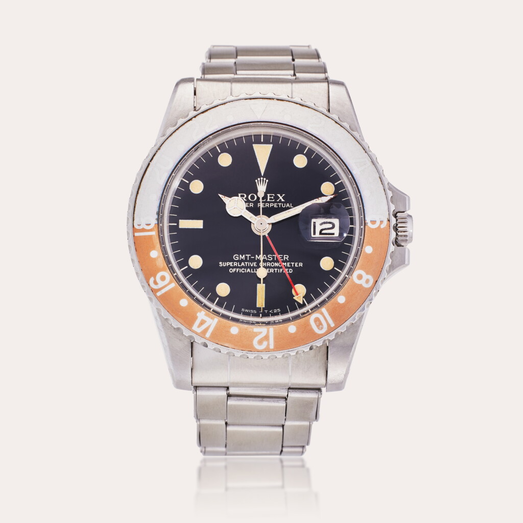 View full screen - View 1 of Lot 340. Reference 1675 GMT-Master 'Pepsi' | A stainless steel automatic dual-time wristwatch with date, bracelet, and gilt dial, Circa 1966 .