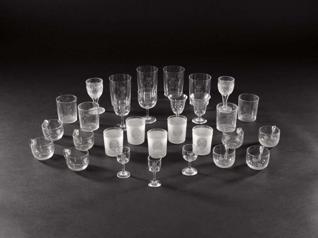 View full screen - View 1 of Lot 19. A collection of Belgian royal monogrammed drinking glasses, various dates.