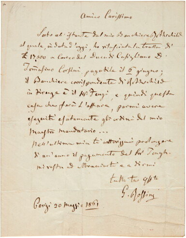 View full screen - View 1 of Lot 65. G. Rossini. Autograph letter signed to Leopoldo Pini, 20 May 1861.