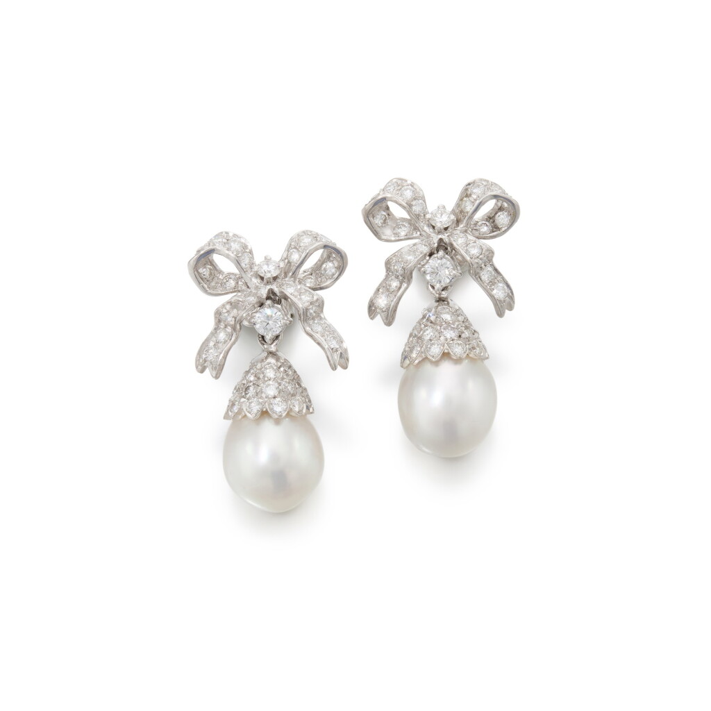 View full screen - View 1 of Lot 241. Pair of cultured pearl and diamond earrings (Paio di orecchini in perle coltivate e diamanti).