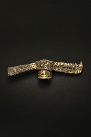 View full screen - View 1 of Lot 53. A rare gold and silver-inlaid iron finial, Warring States period - Han dynasty.