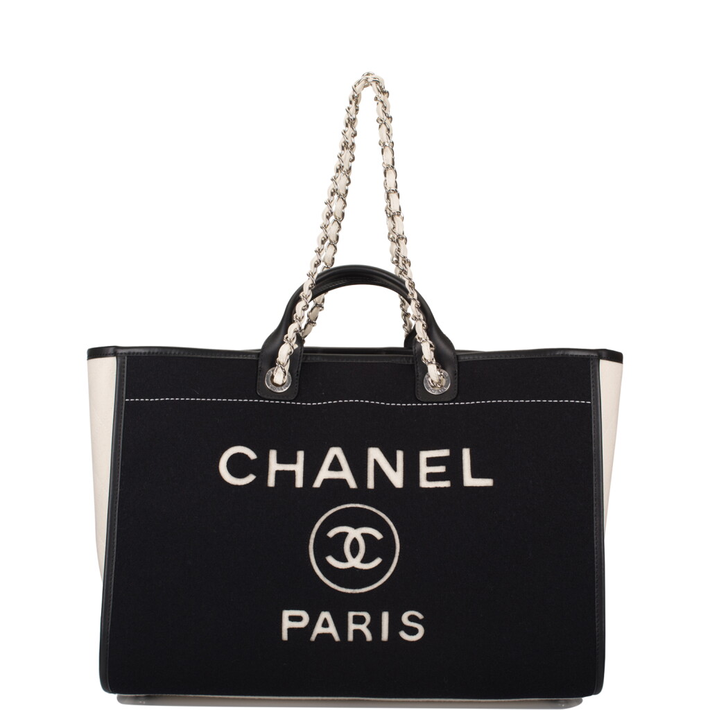 View full screen - View 1 of Lot 107. Chanel Black and White Large Deauville of Wool Felt with Silver Tone Hardware.