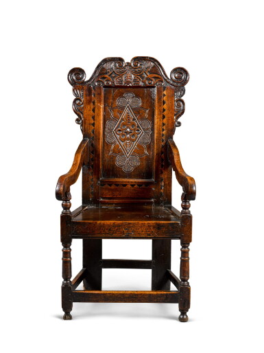 View full screen - View 1 of Lot 28. A Charles II carved oak panel-back armchair, Yorkshire, circa 1680.