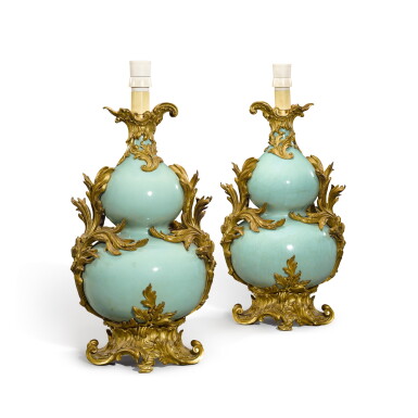 View full screen - View 1 of Lot 224. A pair of celadon-glazed double-gourd vases, Seal marks and period of Qianlong | 清乾隆 粉青釉葫蘆瓶一組兩件《大清乾隆年製》款.
