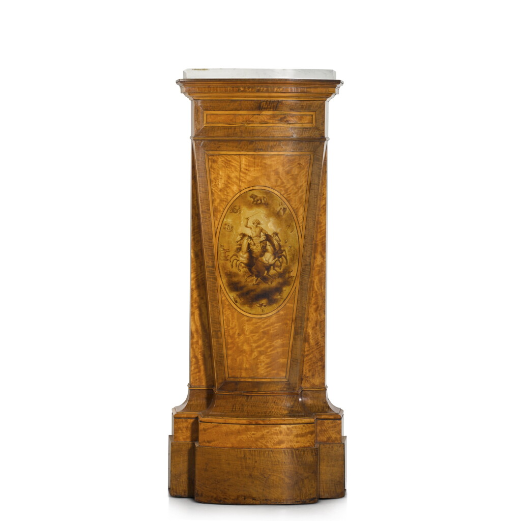 View full screen - View 1 of Lot 29. A George III satinwood, harewood and sycamore pedestal, circa 1790, by Thomas Brownley with painting by John Bromley.