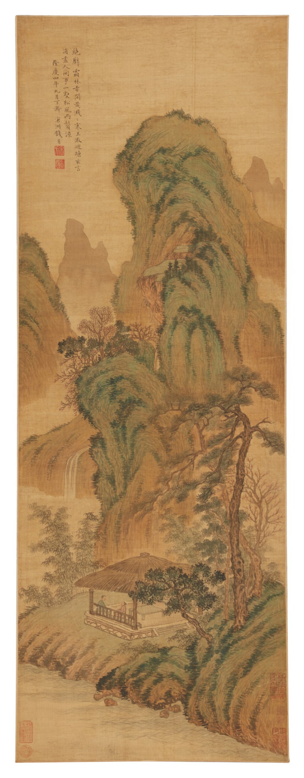 View full screen - View 1 of Lot 529. Qian Gong (Active 16th - early 17th century), Landscape, ink and color on silk, mounted for framing | 錢貢(活躍於十六至十七世紀初) 霜林絕壁 設色絹本 鏡片.