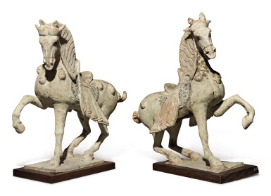 View full screen - View 1 of Lot 128. A PAIR CHINESE OF PAINTED POTTERY HORSES, TANG DYNASTY (618-907).