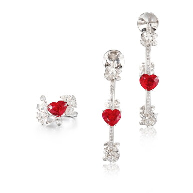 View full screen - View 1 of Lot 2979. Ruby and Diamond Ring and Pair of Earrings | 紅寶石 配 鑽石 戒指 及 耳環一對.