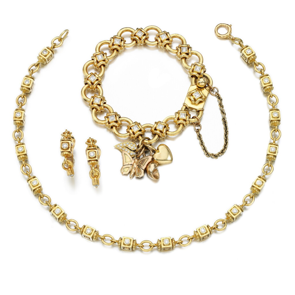 View full screen - View 1 of Lot 132. Diamond necklace, ear clips and bracelet.